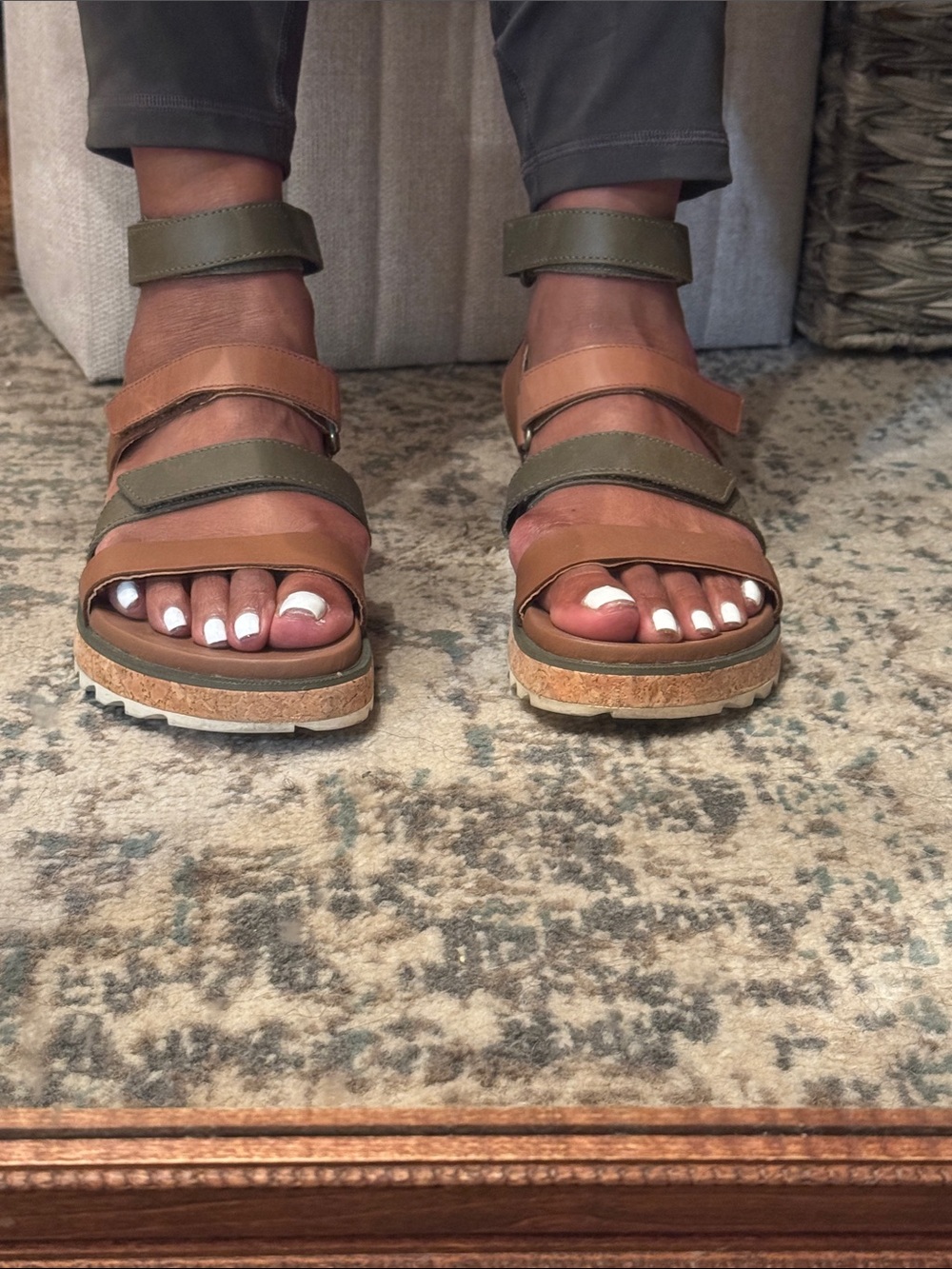 Sorel Two-Tone Olive and Tan Strappy Platform Sandals